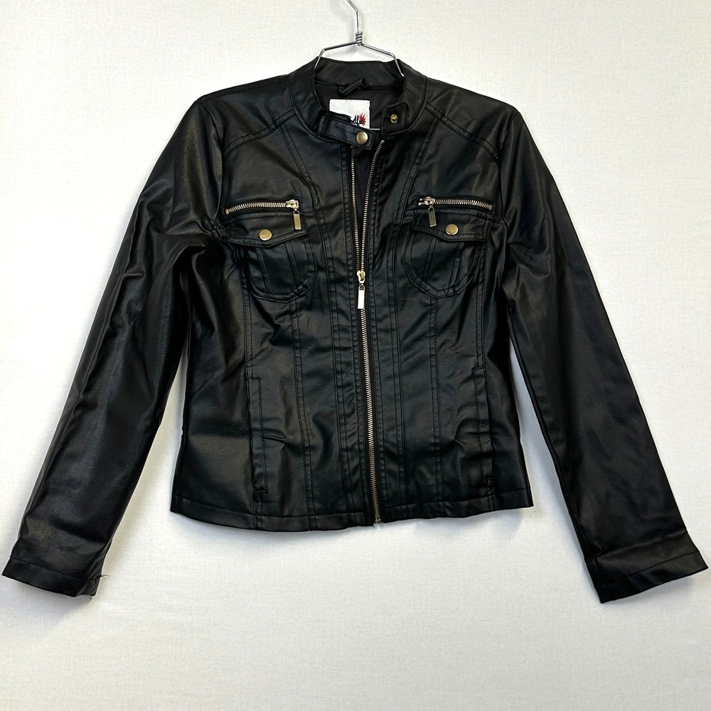 Miss Selfie Faux Leather Moto Biker Jacket Womens Size M Black Snap Collar
